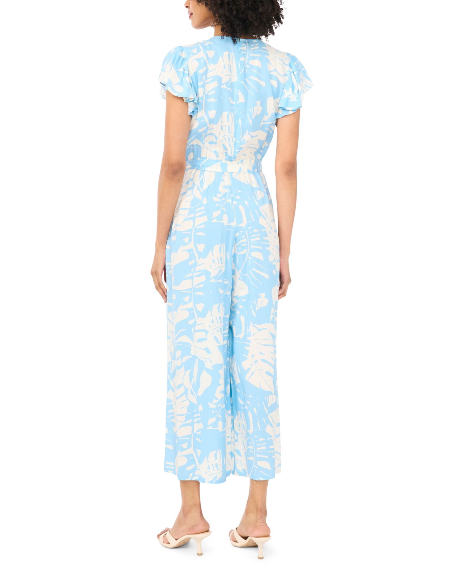 Women's Printed Tie-Waist Flutter-Sleeve V-Neck Jumpsuit