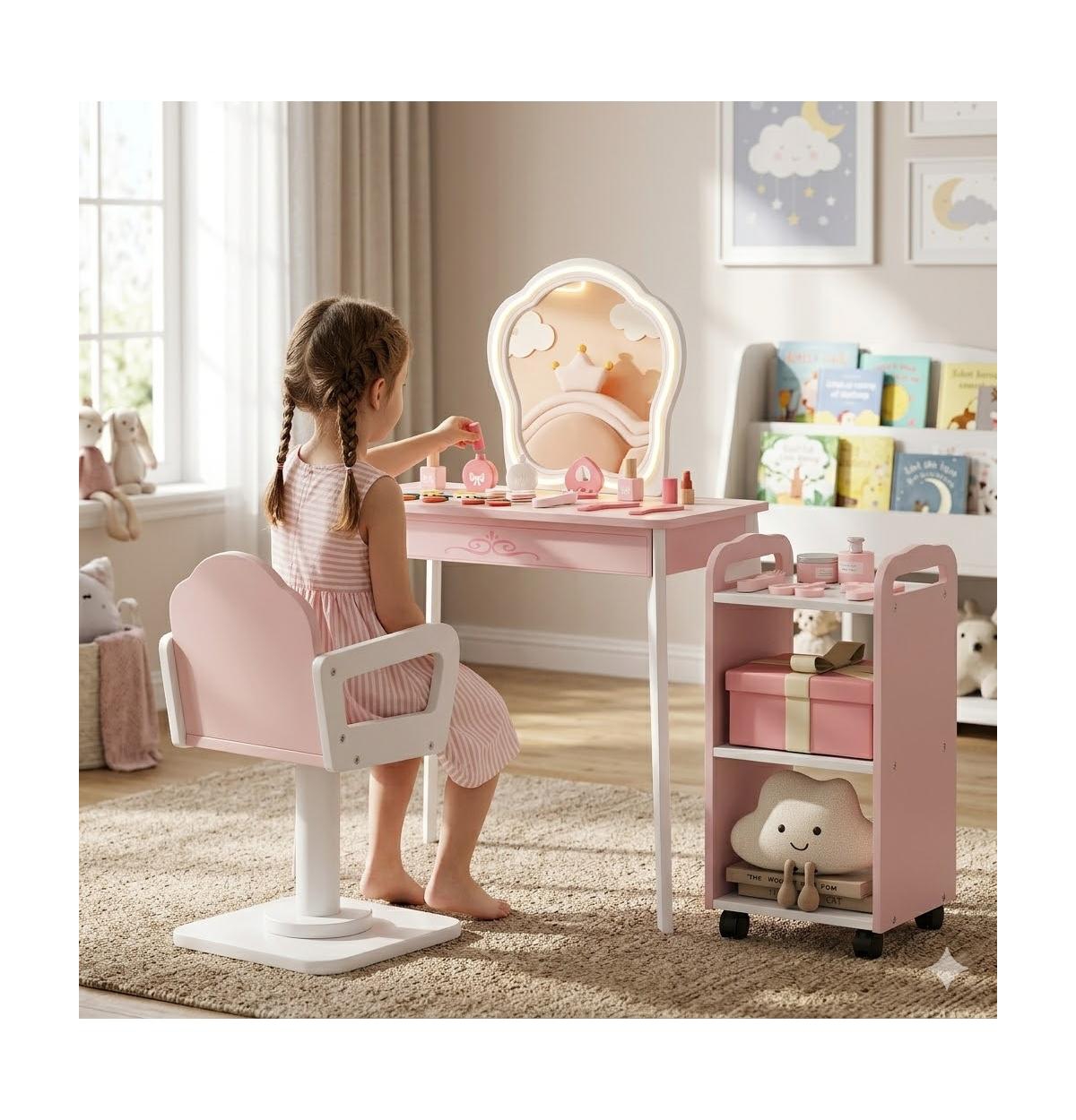 Slickblue Wooden Kids Pretend Hair Salon Set with Led Lighted Mirror and Tools