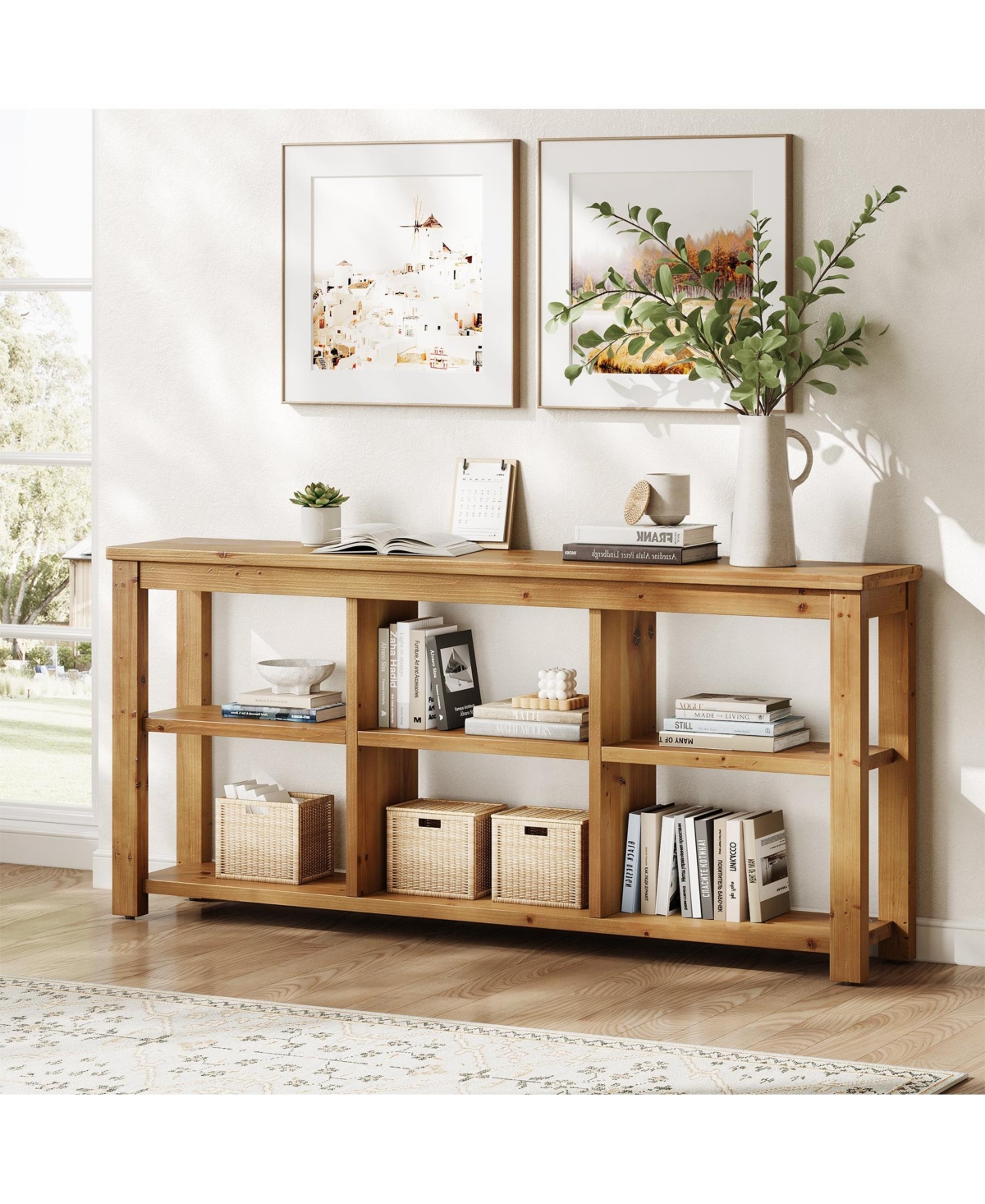 Slickblue Solid Wood 3-Tier Sofa Table with 6 Storage Cubes for Living Room