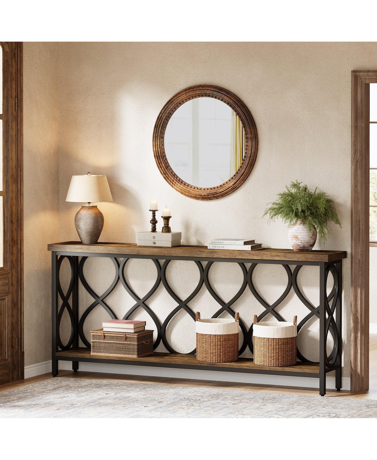 Slickblue Modern Industrial Console Table with 2-Tier Shelves for Living Room and Entryway