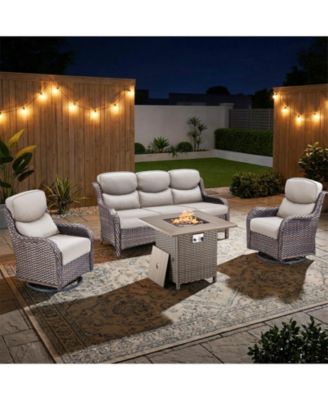 4 Pieces Patio Furniture Set with Fire Pit High Back Outdoor Furniture Set 5-inch Cushions Wicker Patio Swivel Rocker Chairs