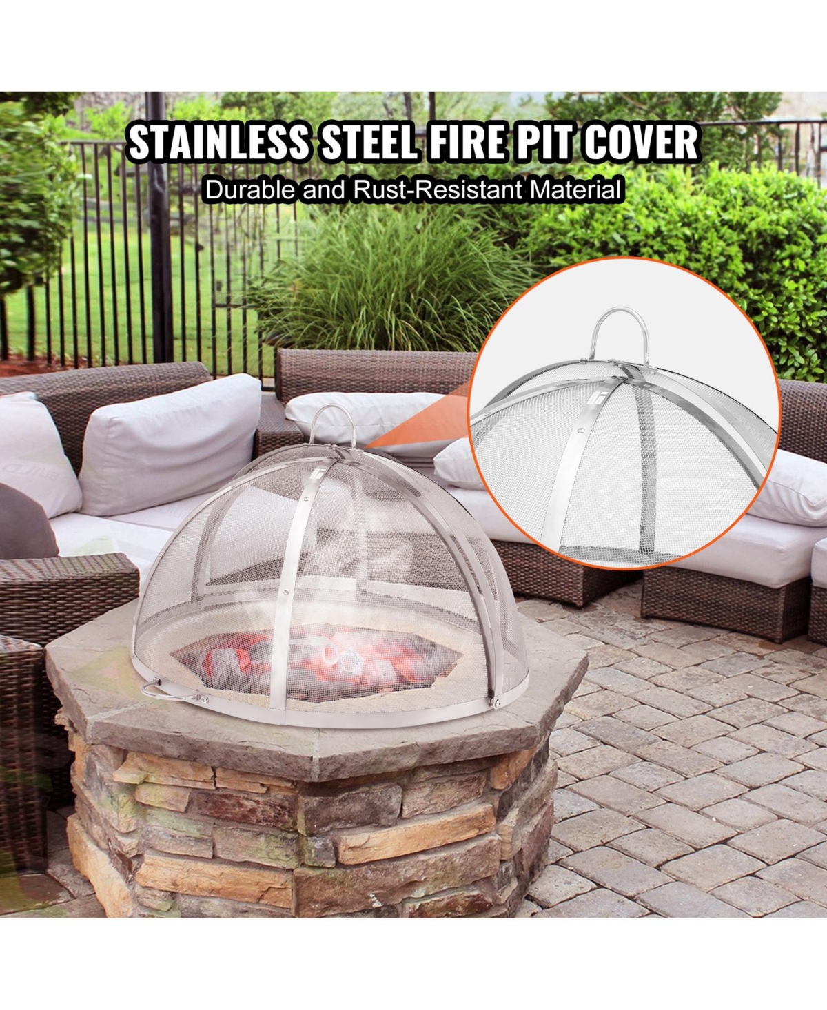 Cozito Firepit Spark Screen Lid, 36 inches Stainless Steel Ring Cover with Handles