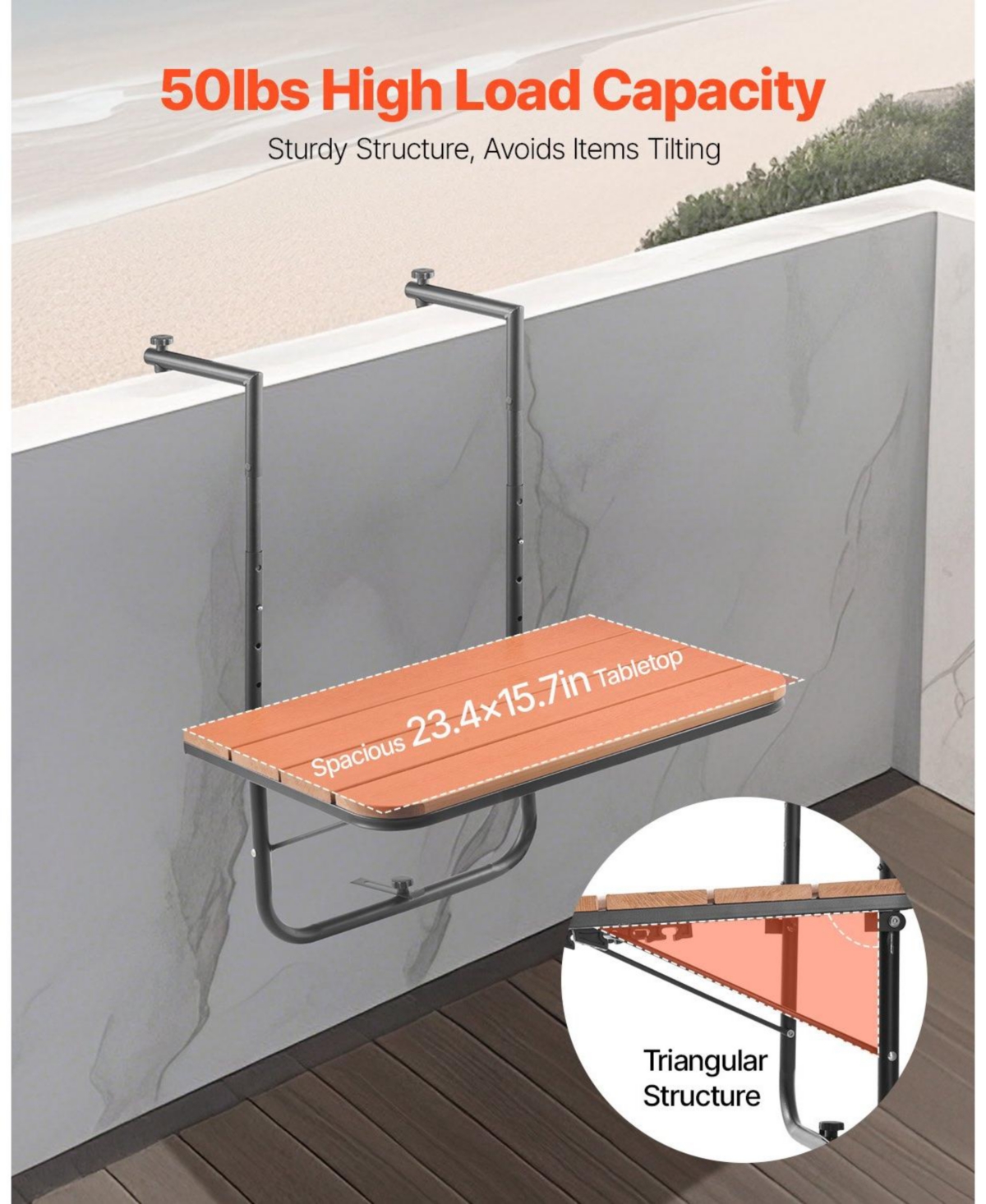 Cozito Balcony Hanging Table, Folding Railing Table with 4-Level Height