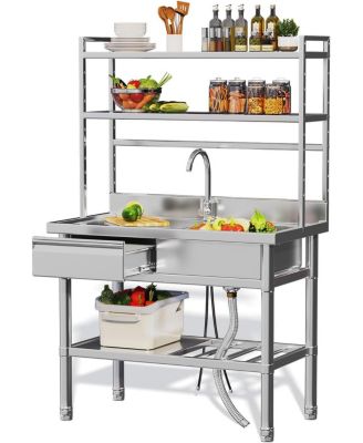 Stainless Steel Utility Sink with Shelves, Free Standing Single Bowl Commercial Kitchen Sinks