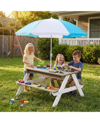 Wooden Kids Picnic Table, Sand And Water Table With Umbrella, Activity Table For Patio Play
