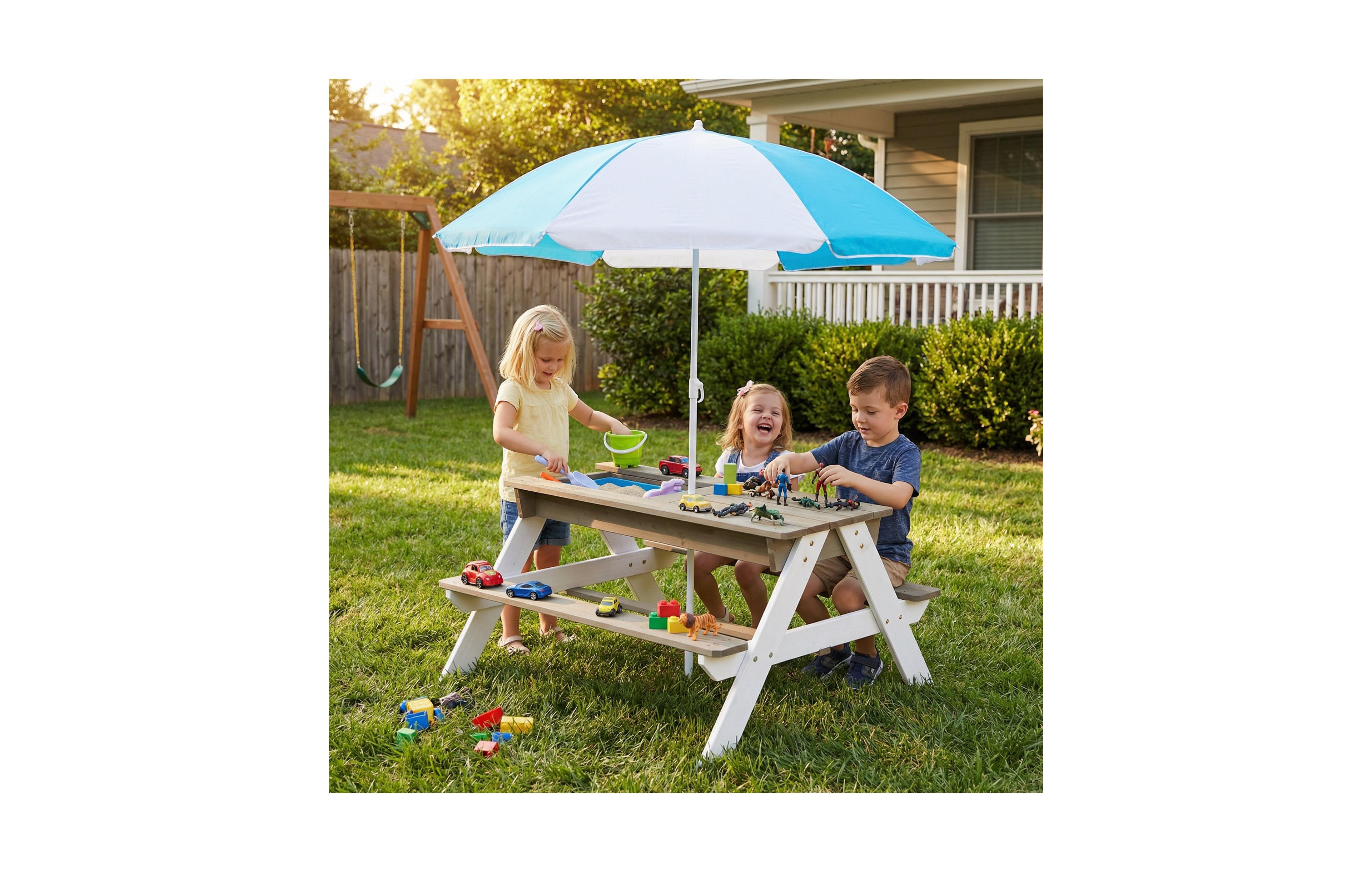 Clihome Wooden Kids Picnic Table, Sand And Water Table With Umbrella, Activity Table For Patio Play