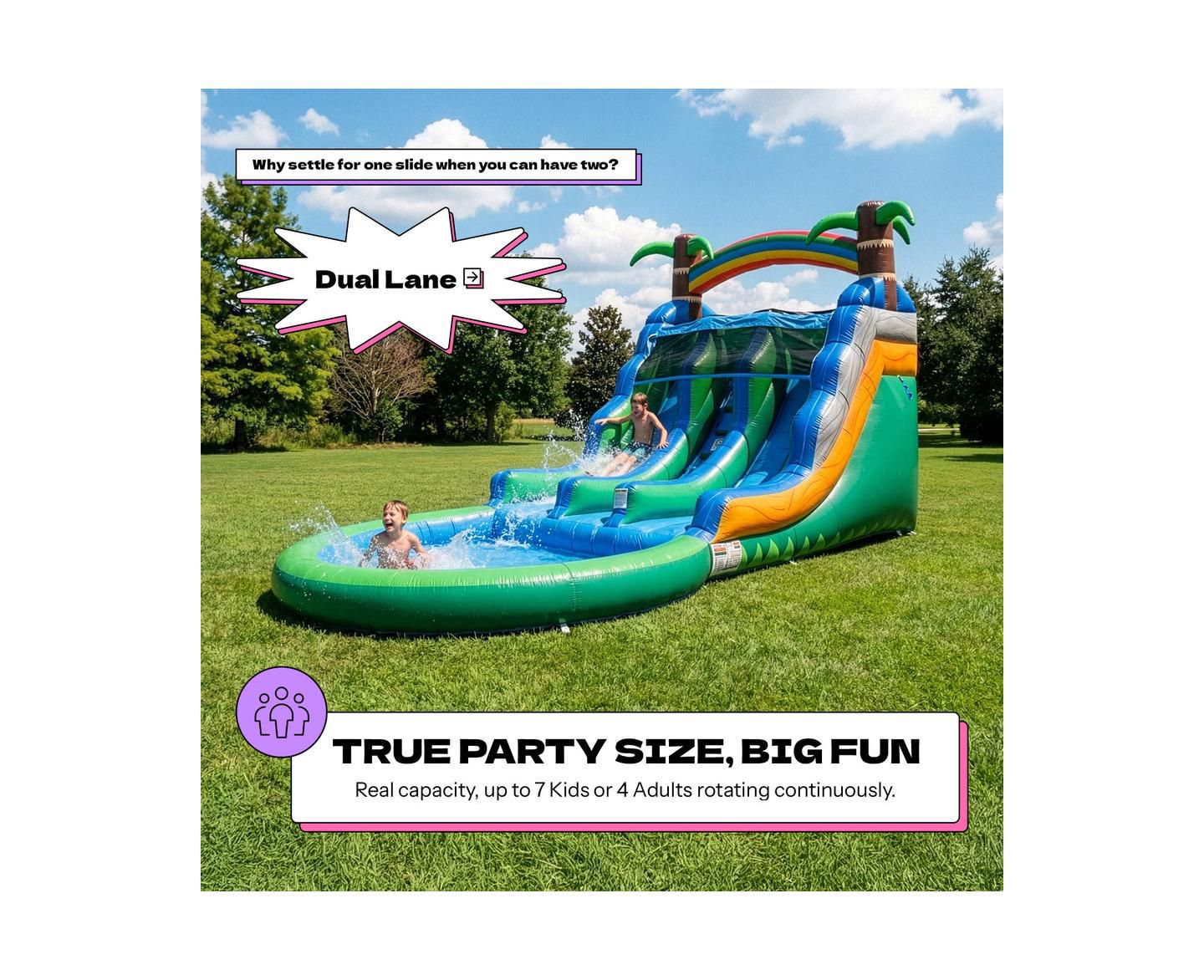 Детская игрушка POP JUMP Tropical Island 23' Dual Lane Water Slide with Integrated Pool, Ages 3+, цвет: Разноцветный — фото 2