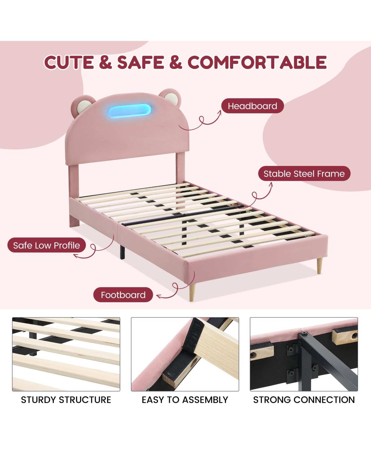 homfan Led Upholstered Platform Bed Frame with Headboard, Wood Slat Support, Remote and App Control, Box Spring Not Required