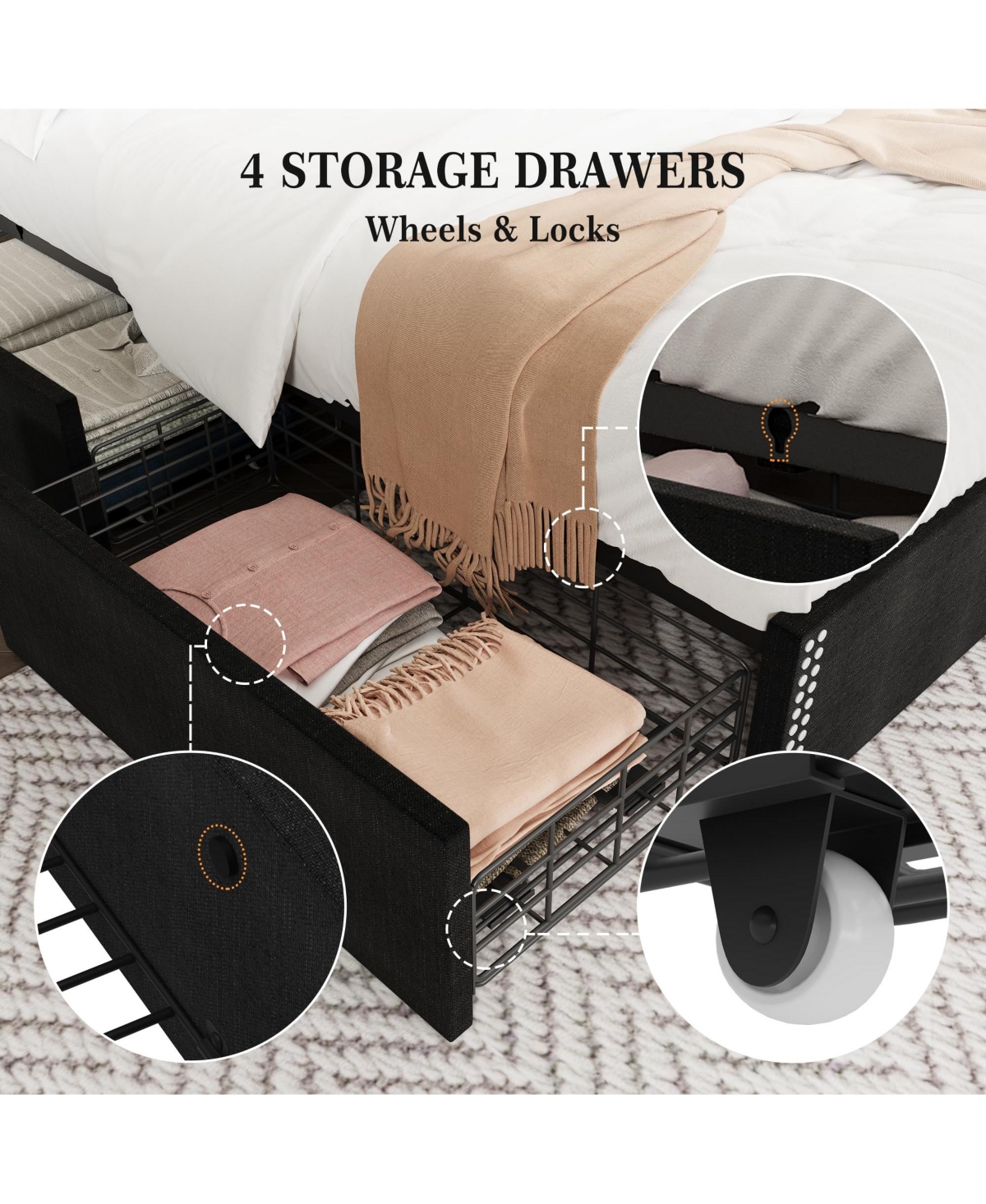 homfan Bed Frame with 4 Storage Drawers, Wingback Headboard, Charging Station, Wood Slat Support