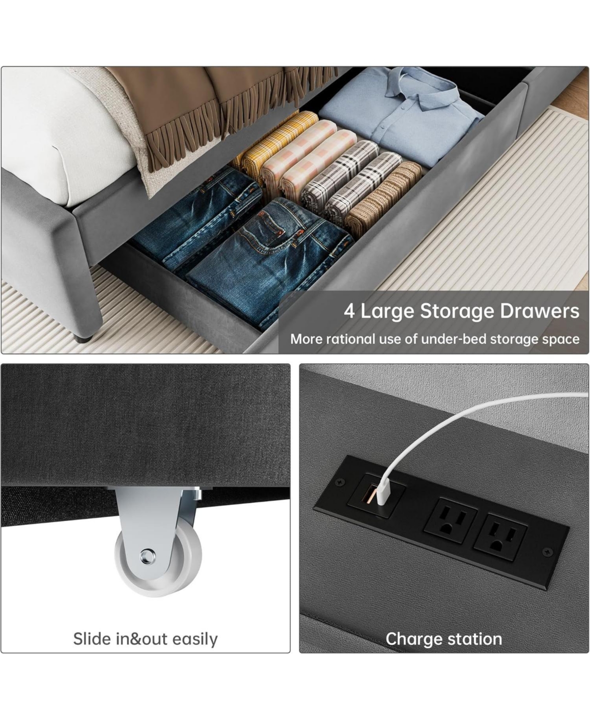 Streamdale Furniture homfan Bed Frame with Headboard Shelf and Charging Station and 4 Storage Drawers, Upholstered Platform Bed Frame