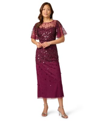 Women's Beaded Mesh Flutter-Sleeve Midi Dress