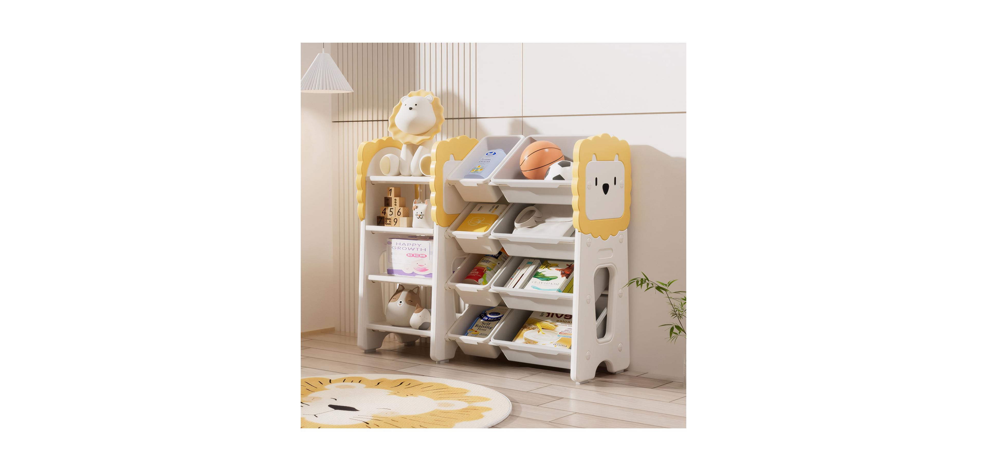 Rainsken 4-Tier Kids Bookshelf and Toy Organizer with 8 Removable Storage Bins, for Study Room, Bedroom, Playroom, Classroom and Nursery