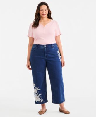 Plus Size High-Rise Wide-Leg Embroidered Ankle Jeans, Macy's Exclusive