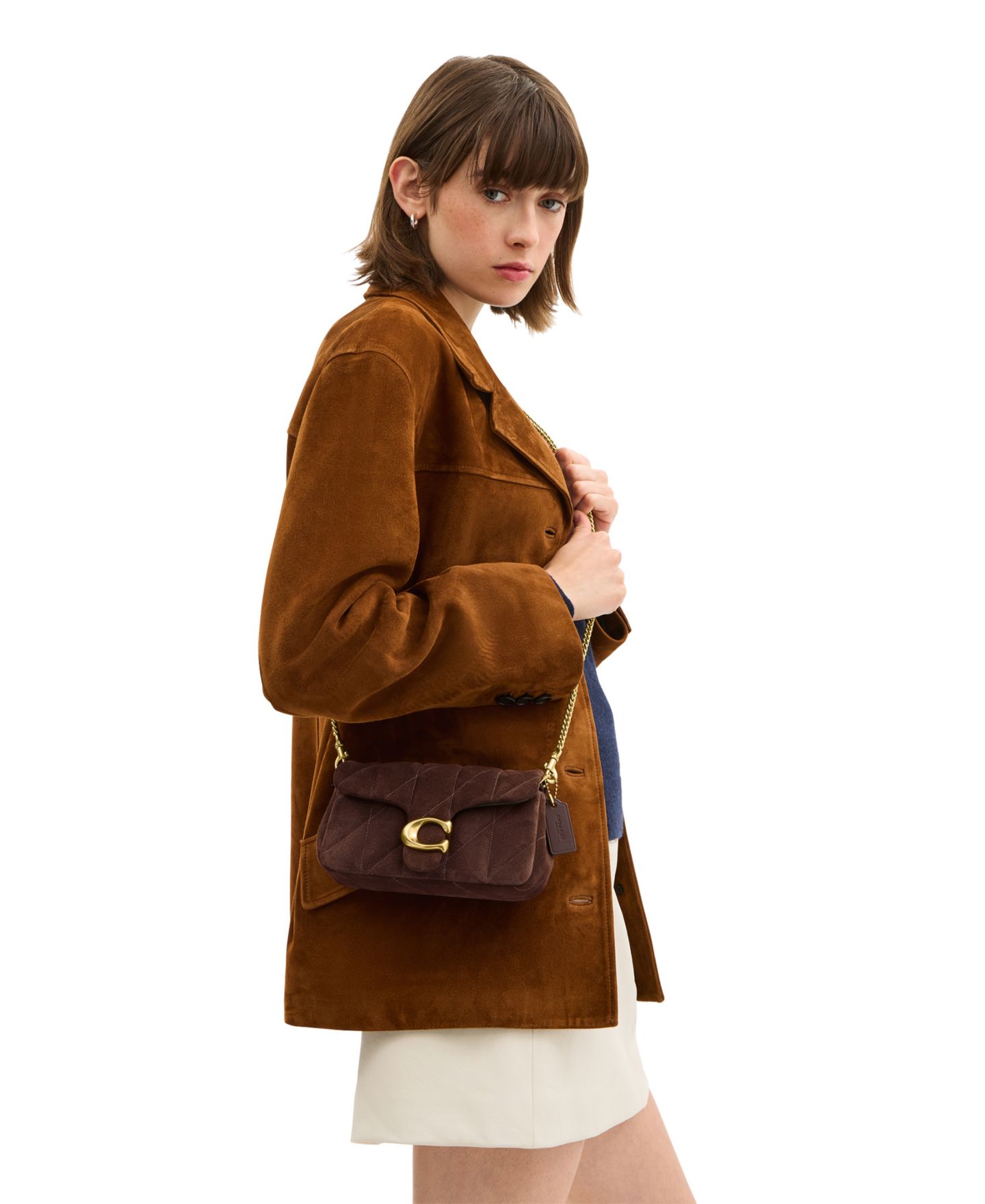 Женская сумка COACH Quilted Tabby Mini Suede Crossbody 19, цвет: Латунный / Шоколадный — фото 2