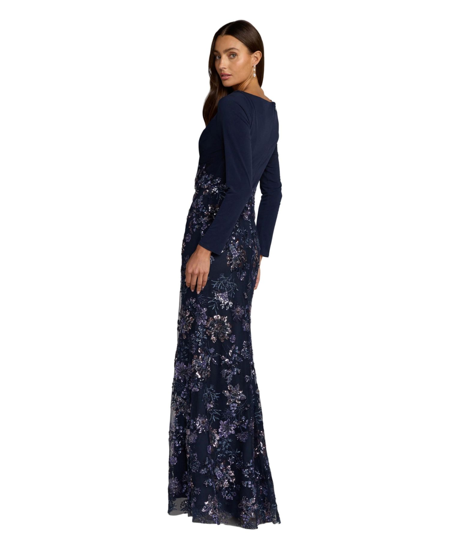 Petite Floral Embroidered Jersey Long Sleeve Gown