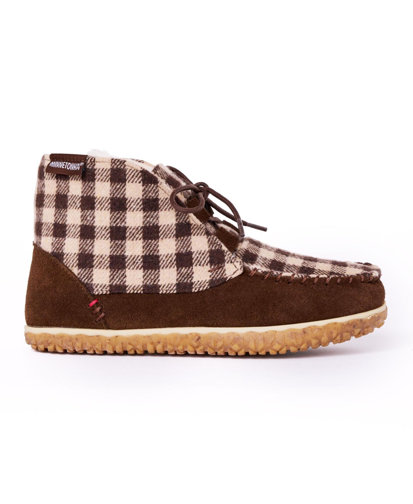 Женские ботинки Minnetonka Torrey Lace-up Slipper Booties, цвет: Коричневый в мелкую клетку — фото 4