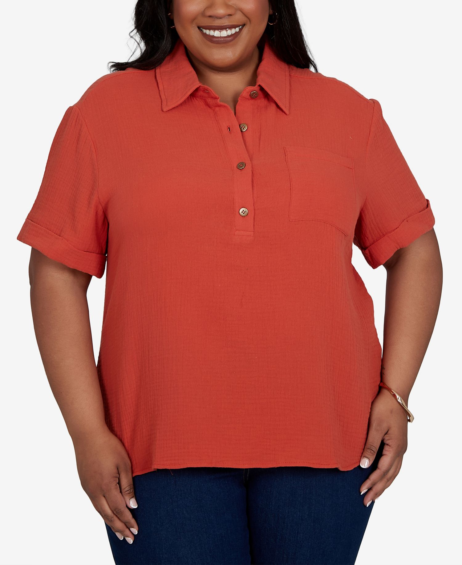 Plus Size Solid Henley Popover Top