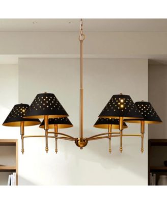 6-Light Chandelier with Matte Lampshade, 35" Farmhouse Height Adjustable Pendant Light Fixture