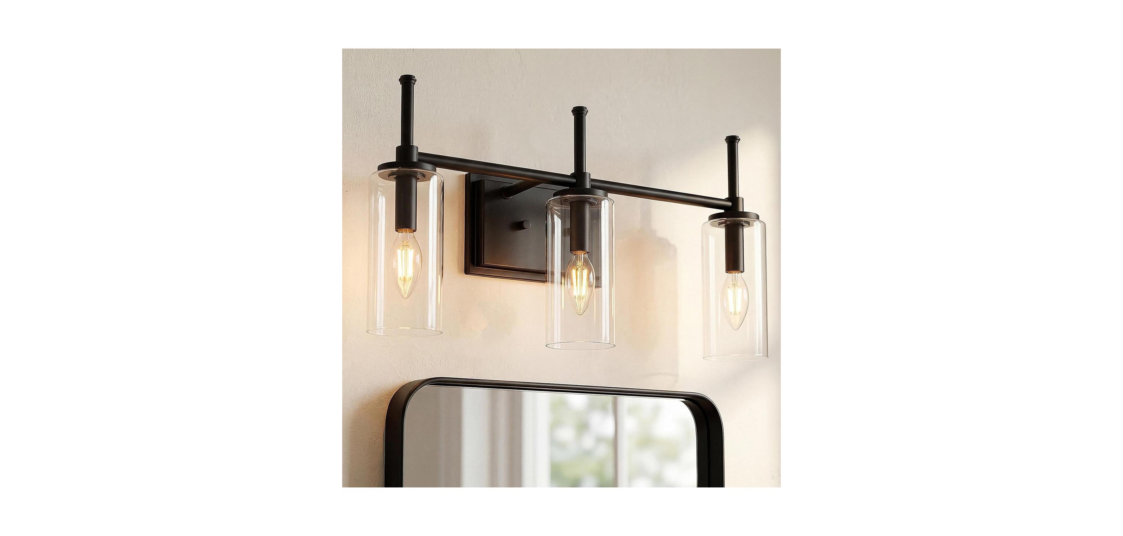 Tribesigns 3-Light Bathroom Vanity Light Fixture, Modern Wall Sconce with Clear Glass Shades.Industrial Vanity Lighting for Bathroom(E12 Base)