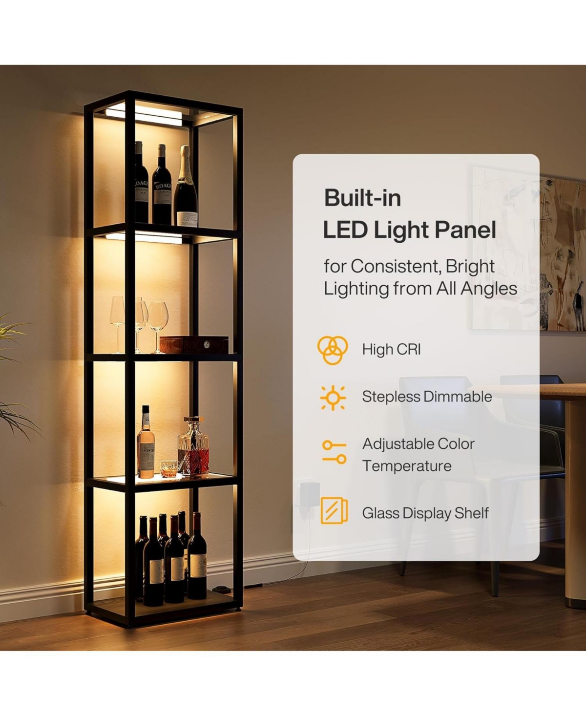 Tribesigns Display Shelf Floor Lamp with Shelves, Glass Display Cabinet with Remote and 3 Cct Dimmable Led,5-Tier Wooden Conner Bookshelf Lamp