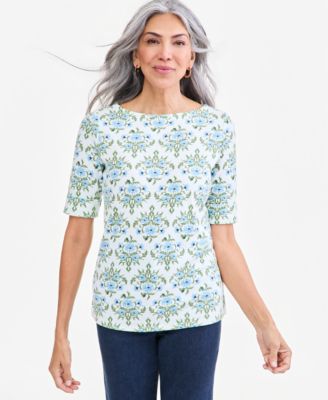 Women's Elbow Painted Floral Boat Neck T-Shirt