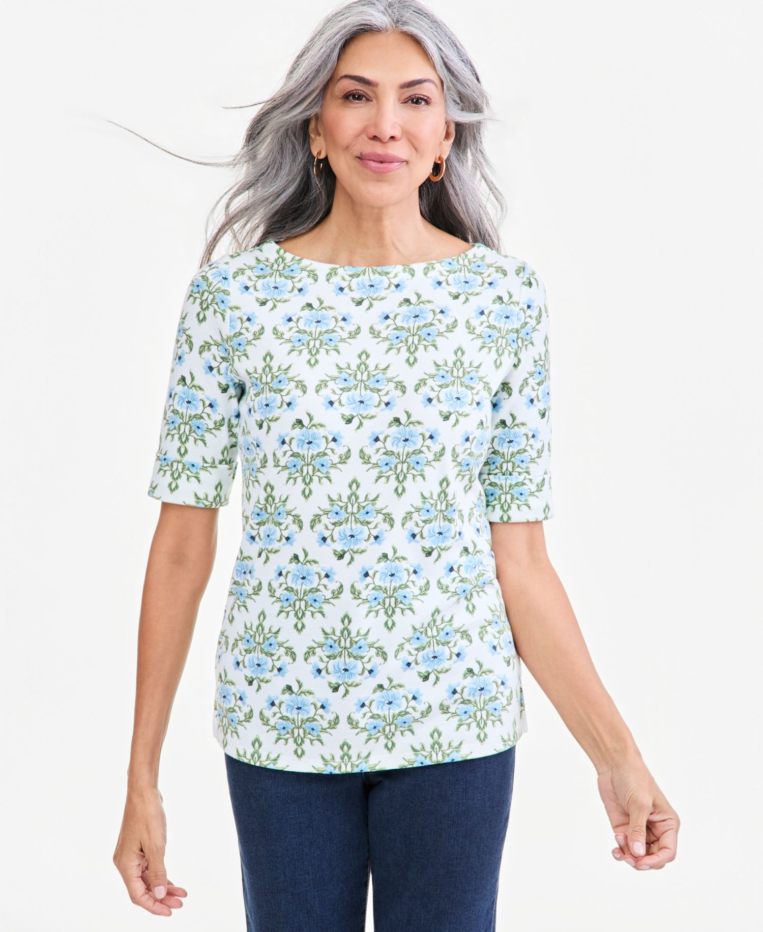 Women's Printed Boat-Neck Elbow Sleeve Top