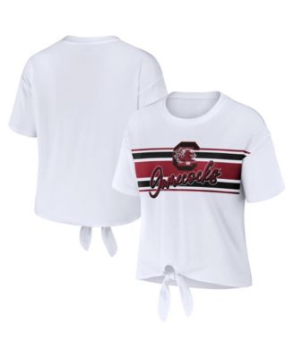 Women's White South Carolina Gamecocks Striped Front Knot Cropped T-Shirt