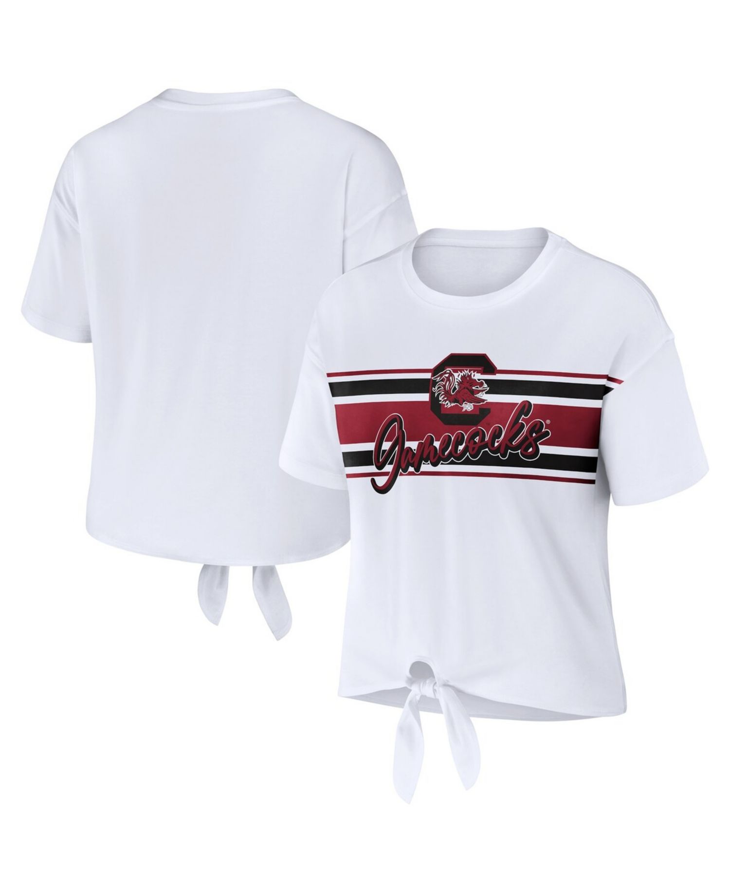 Women's White South Carolina Gamecocks Striped Front Knot Cropped T-Shirt