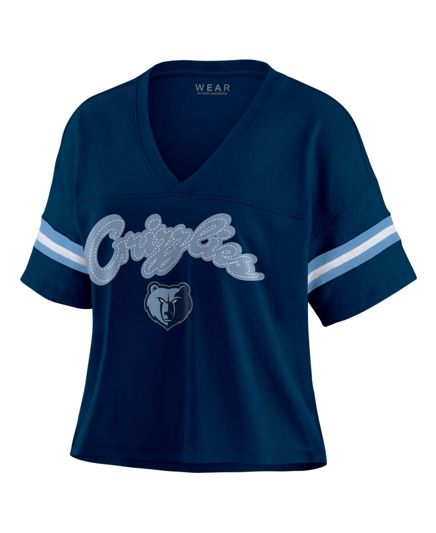 Женская футболка WEAR by Erin Andrews Navy Memphis Grizzlies Plus Size Color Block Boxy V-Neck — фото 2