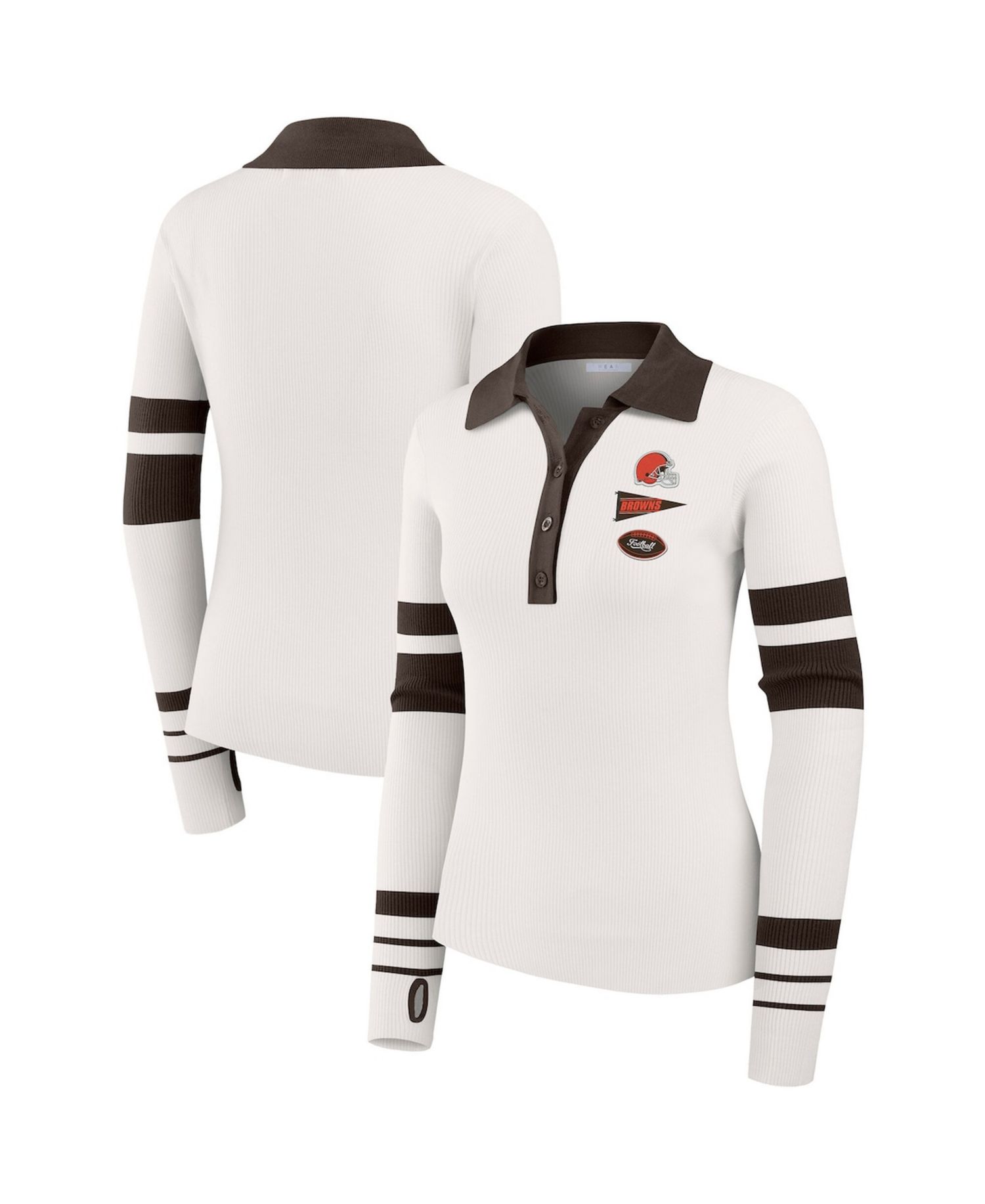 Women's White Cleveland Browns Ribbed Henley Polo Sweater