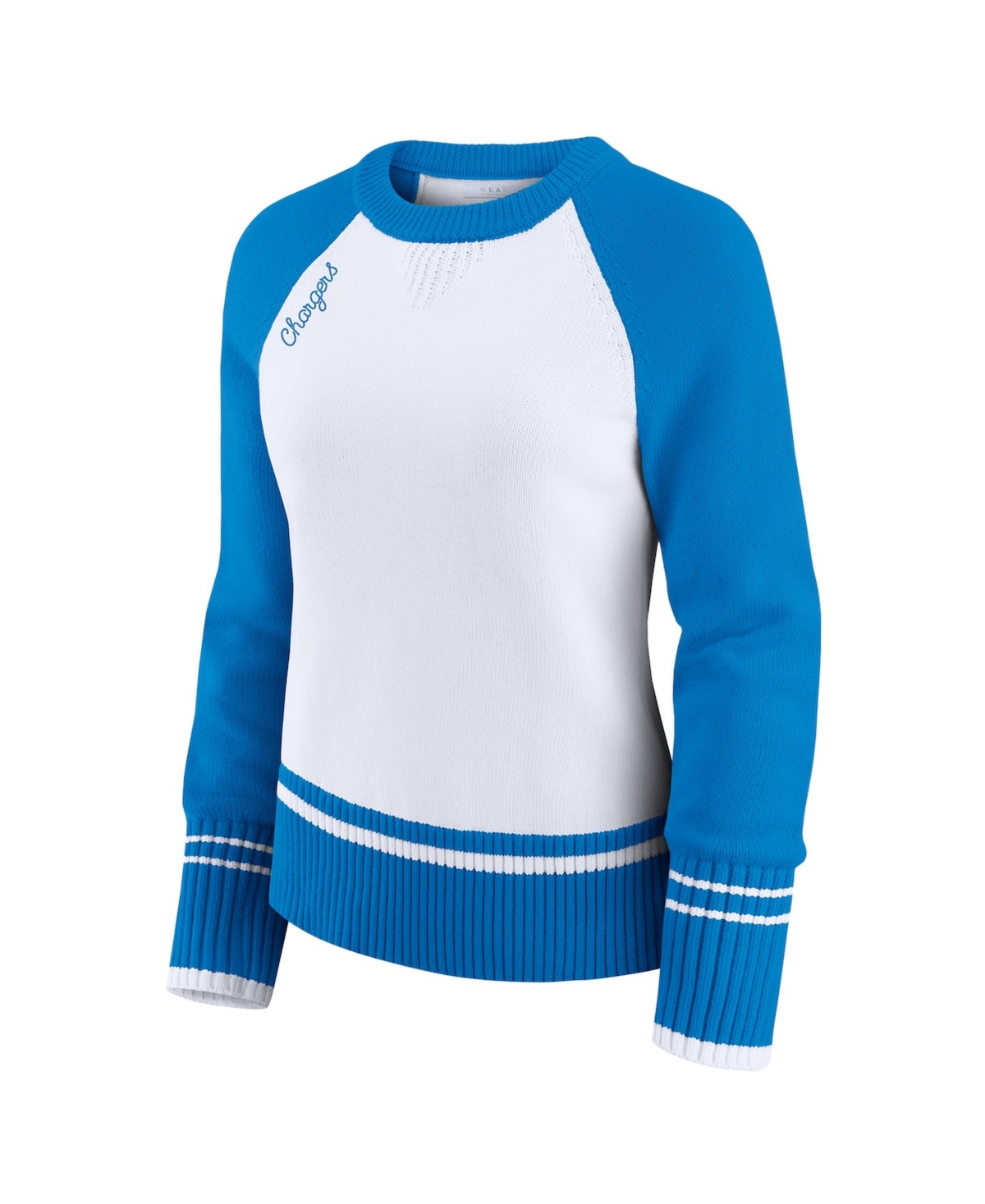 Wear by Erin Andrews Women's White/Powder Blue Los Angeles Chargers Colorblock Raglan Sweater