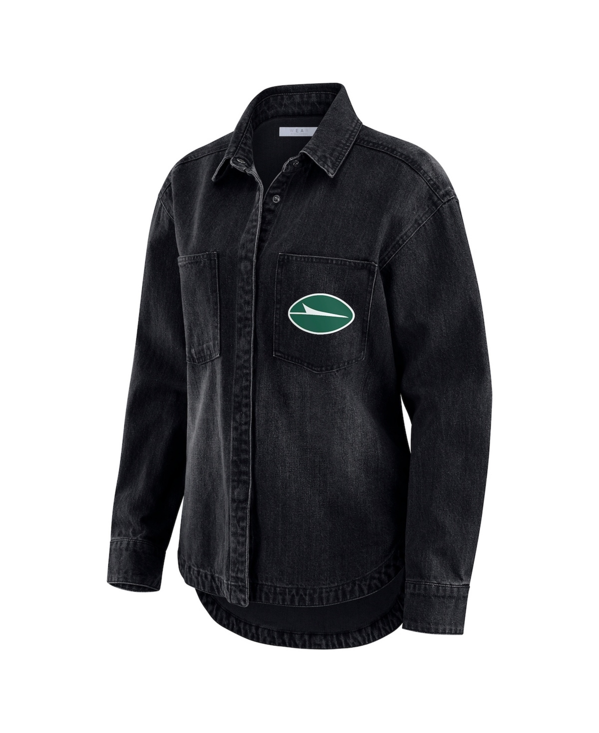 Wear by Erin Andrews Women's Black New York Jets Washed Oversized Denim Full-Snap Shacket