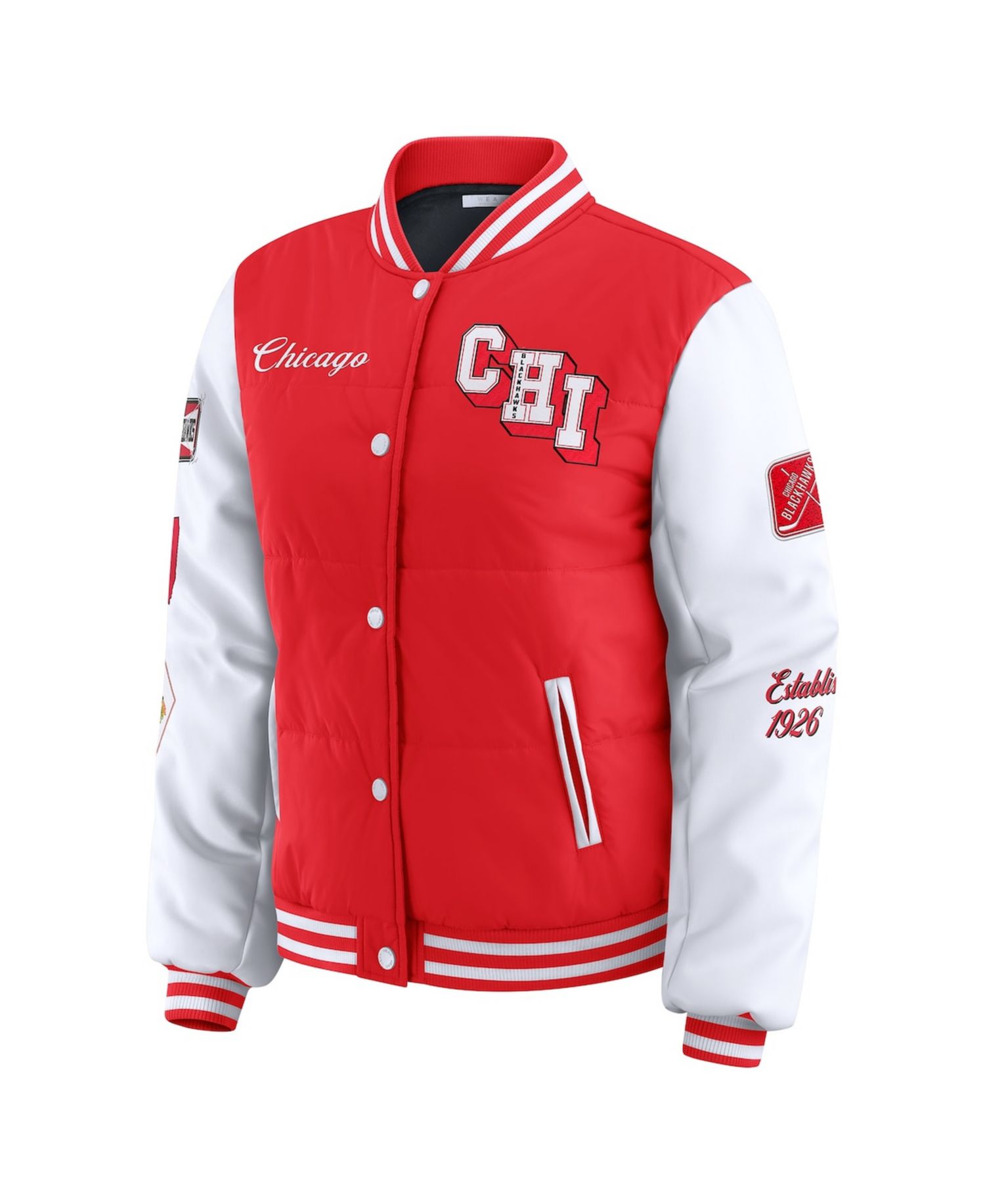 Women's Red/White Chicago Blackhawks Varsity Full-Snap Puffer Jacket