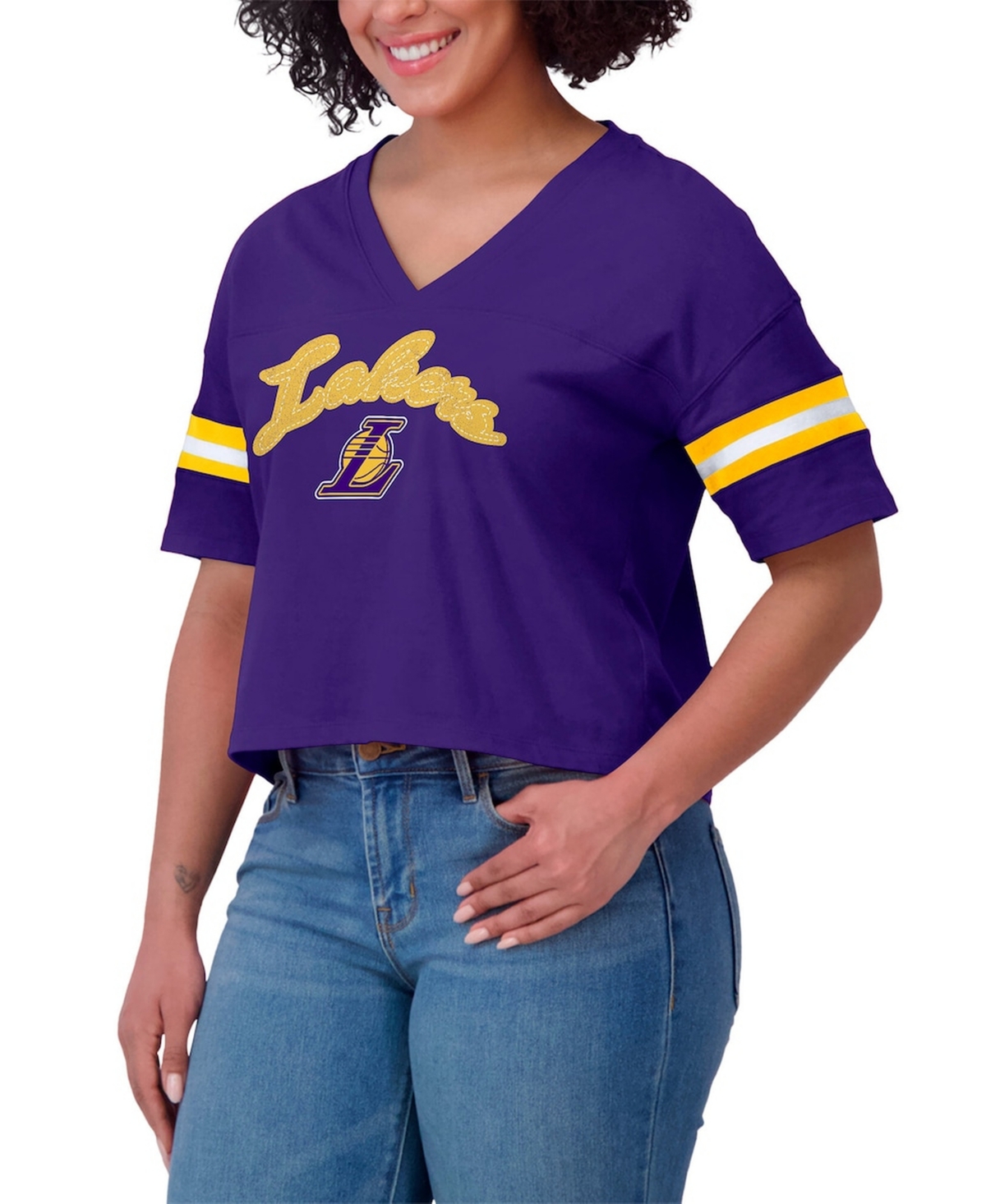 Wear by Erin Andrews Women's Purple Los Angeles Lakers Plus Color Block Boxy V-Neck T-Shirt