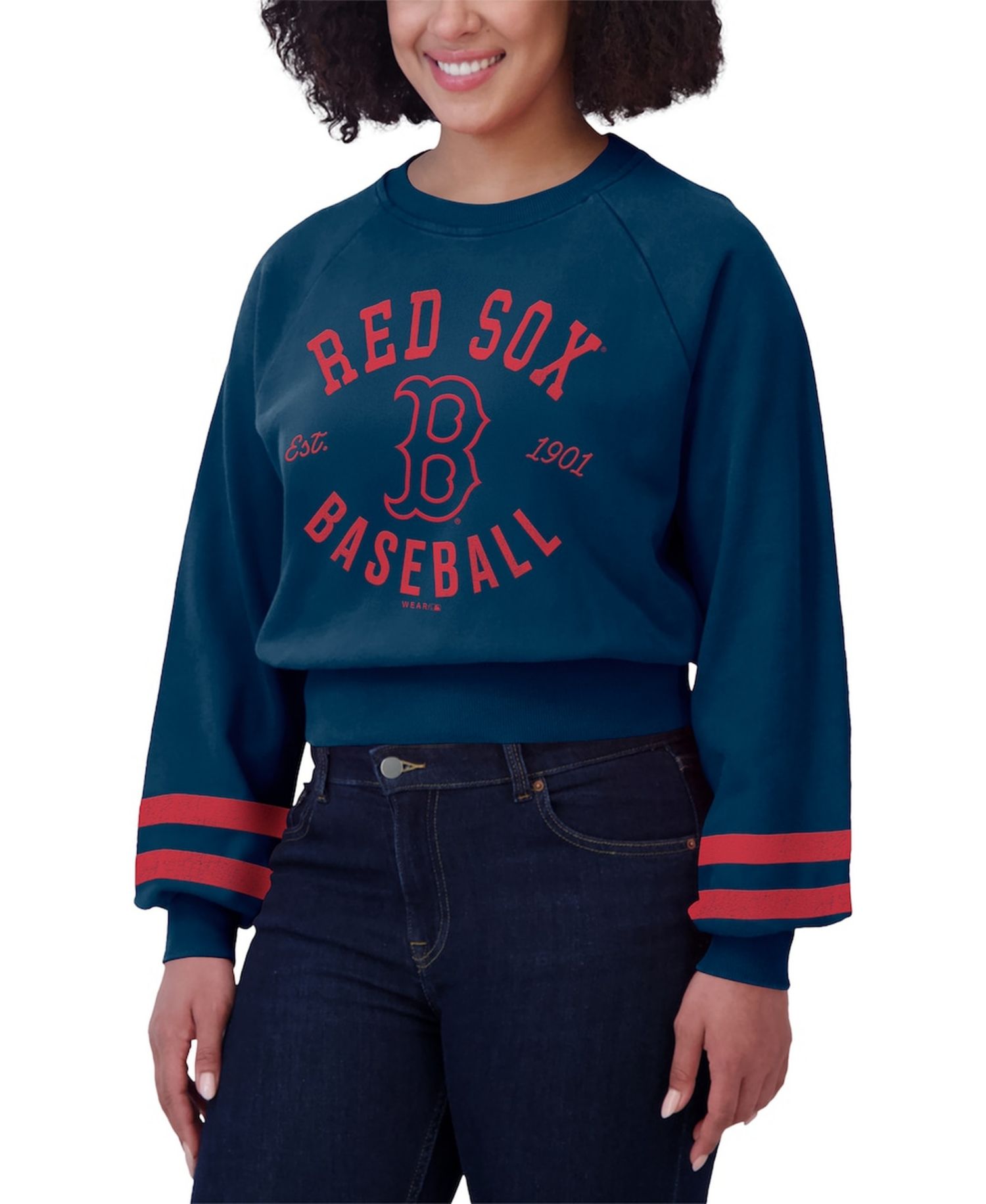 Women's Navy Boston Red Sox Vintage Washed Cropped Pullover Sweatshirt