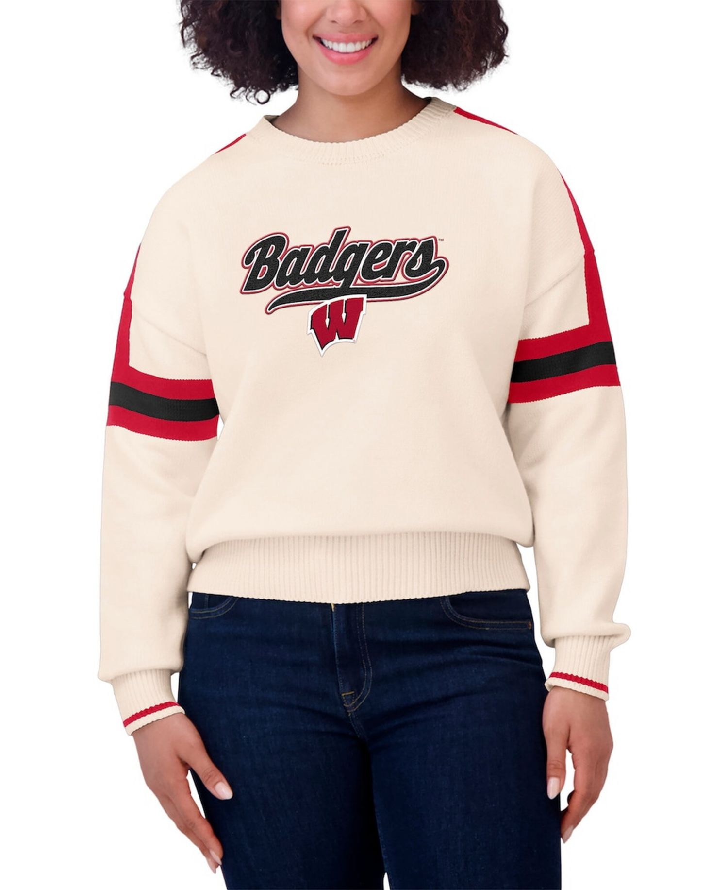 Women's Cream Wisconsin Badgers Chenille Woven Patch Stripe Pullover Sweater