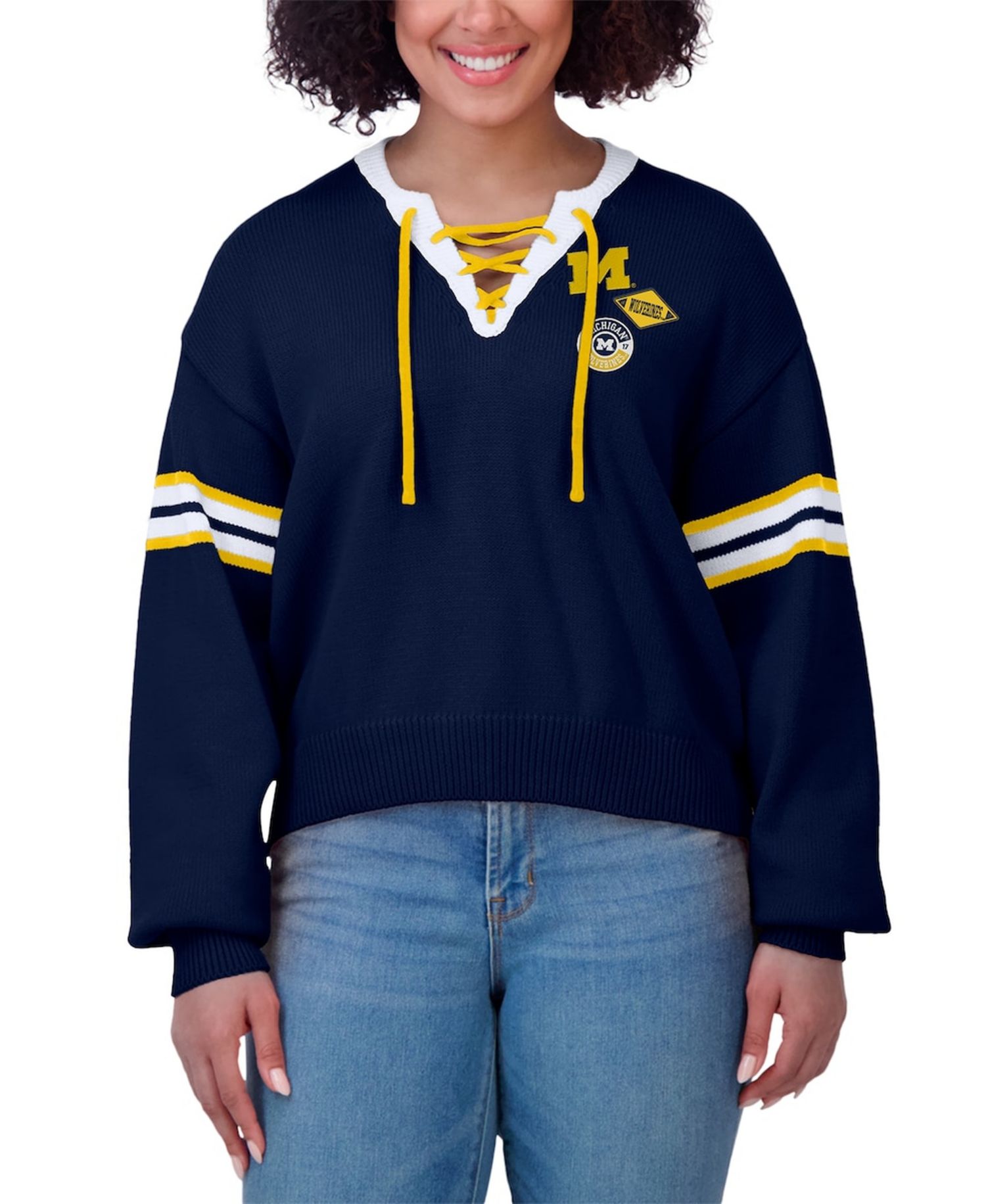 Women's Navy Michigan Wolverines Lace-Up Pullover Sweater