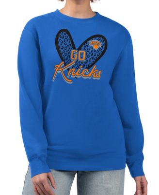Women's Royal New York Knicks Leopard Heart Fleece Pullover Sweatshirt