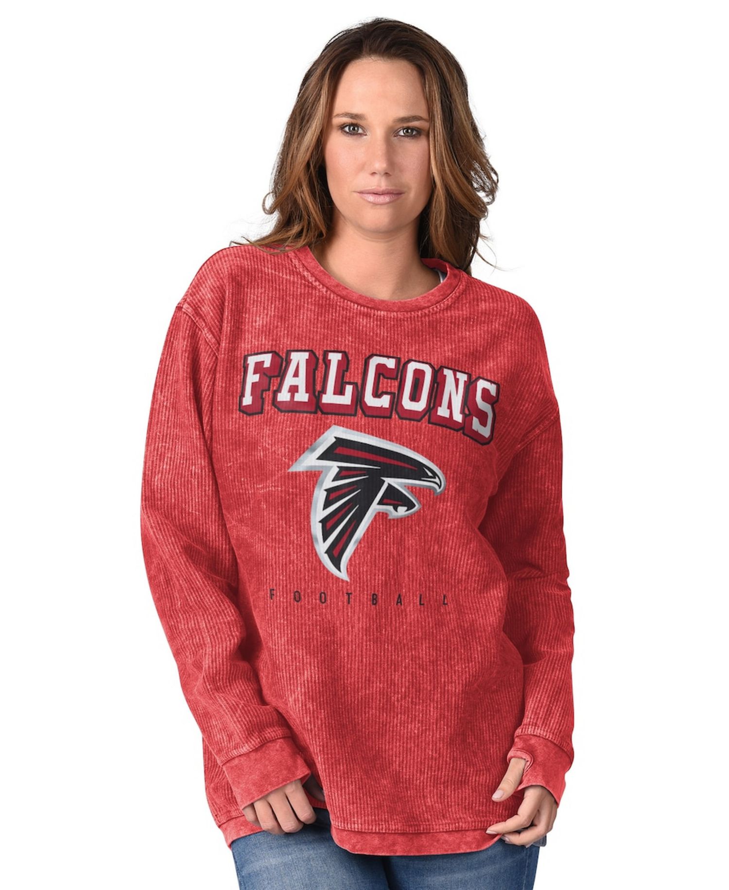 Women's G-III 4Her by Carl Banks Red Atlanta Falcons Comfy Cord Distressed Pullover Sweatshirt