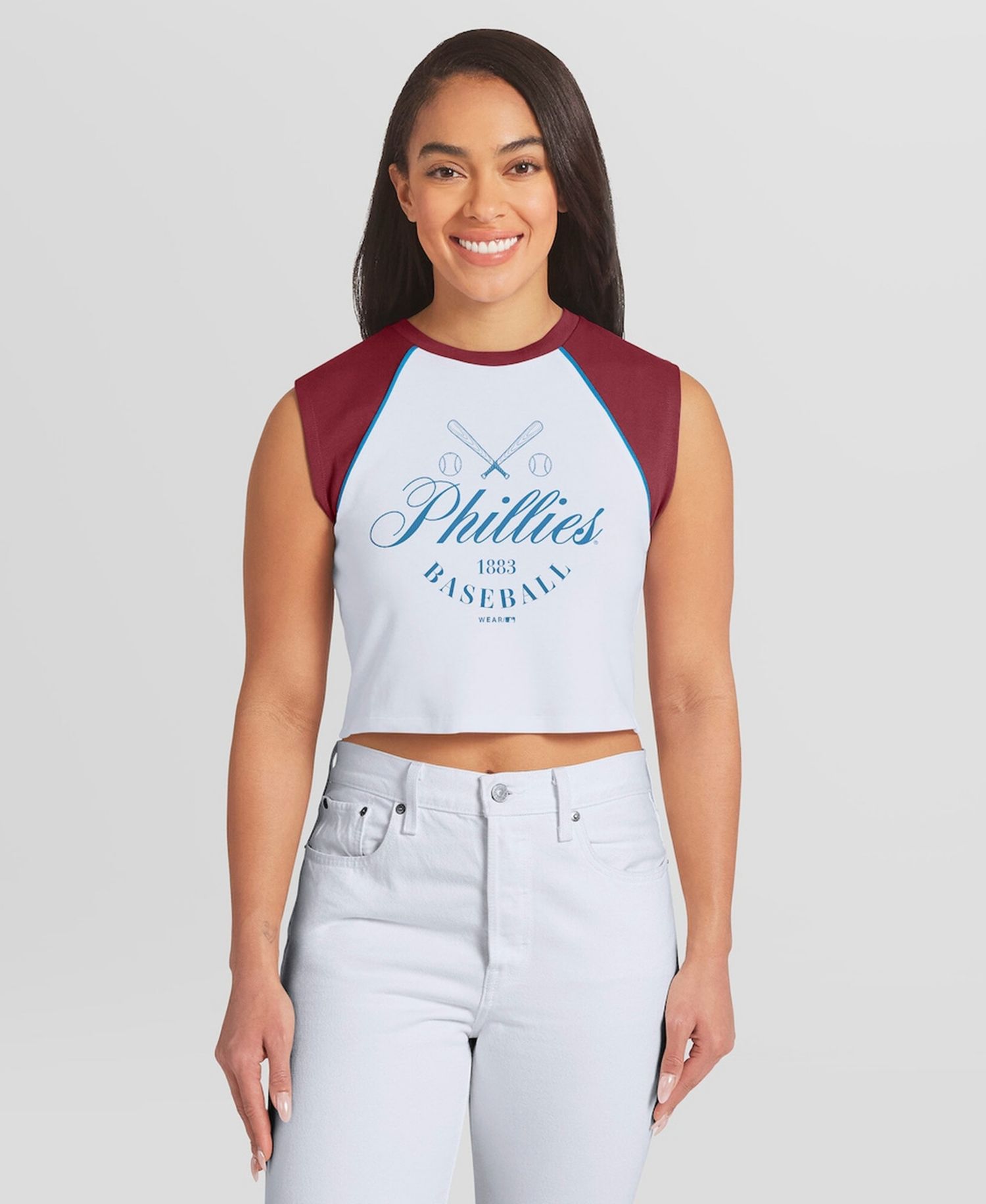 Women's White Philadelphia Phillies Cooperstown Cropped Raglan Tank Top
