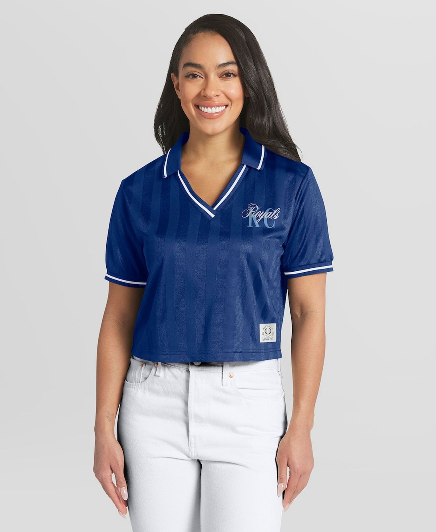 Women's Royal Kansas City Royals Cropped V-Neck Polo Shirt