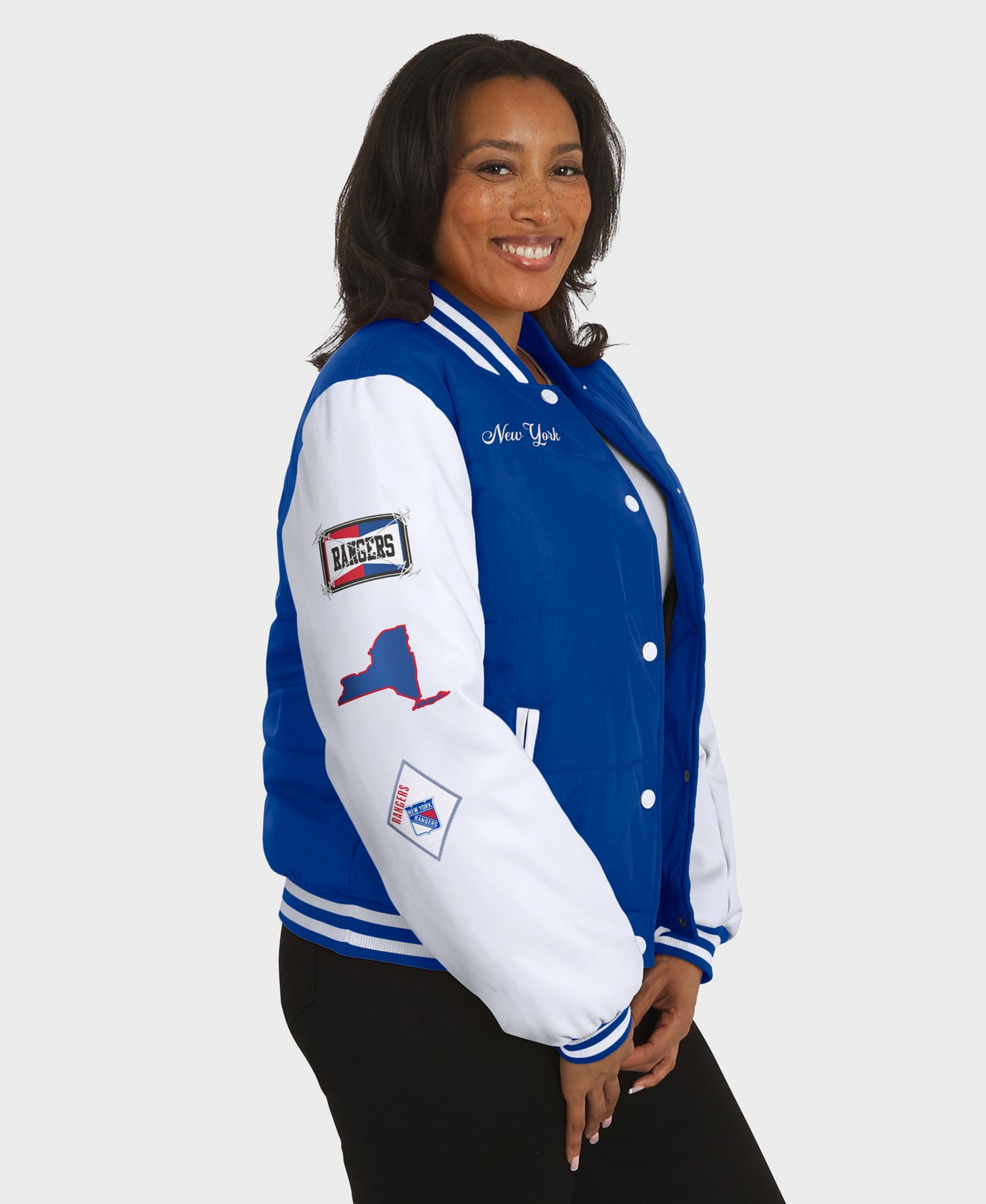 Women's Blue/White New York Rangers Varsity Full-Snap Puffer Jacket