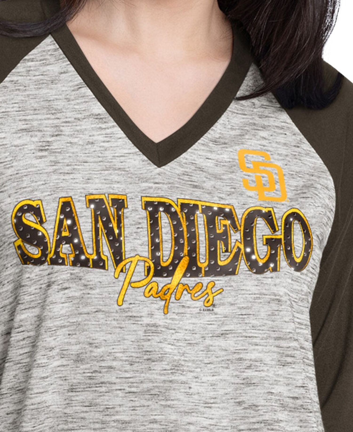 Women's Brown/Heather Brown San Diego Padres Speed Training 3/4-Sleeve Rhinestone V-Neck T-Shirt