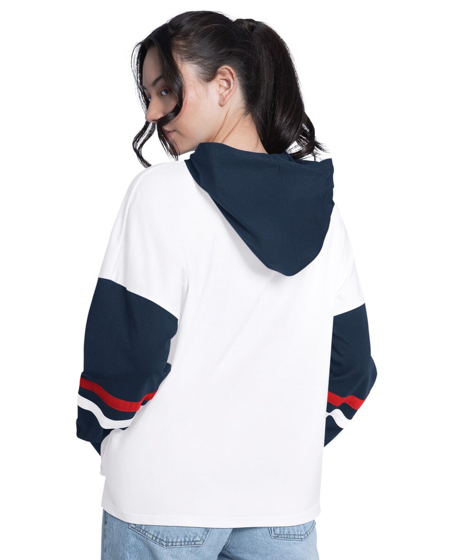Women's White/Navy Atlanta Braves Key Player Oversized Hooded Long Sleeve T-Shirt