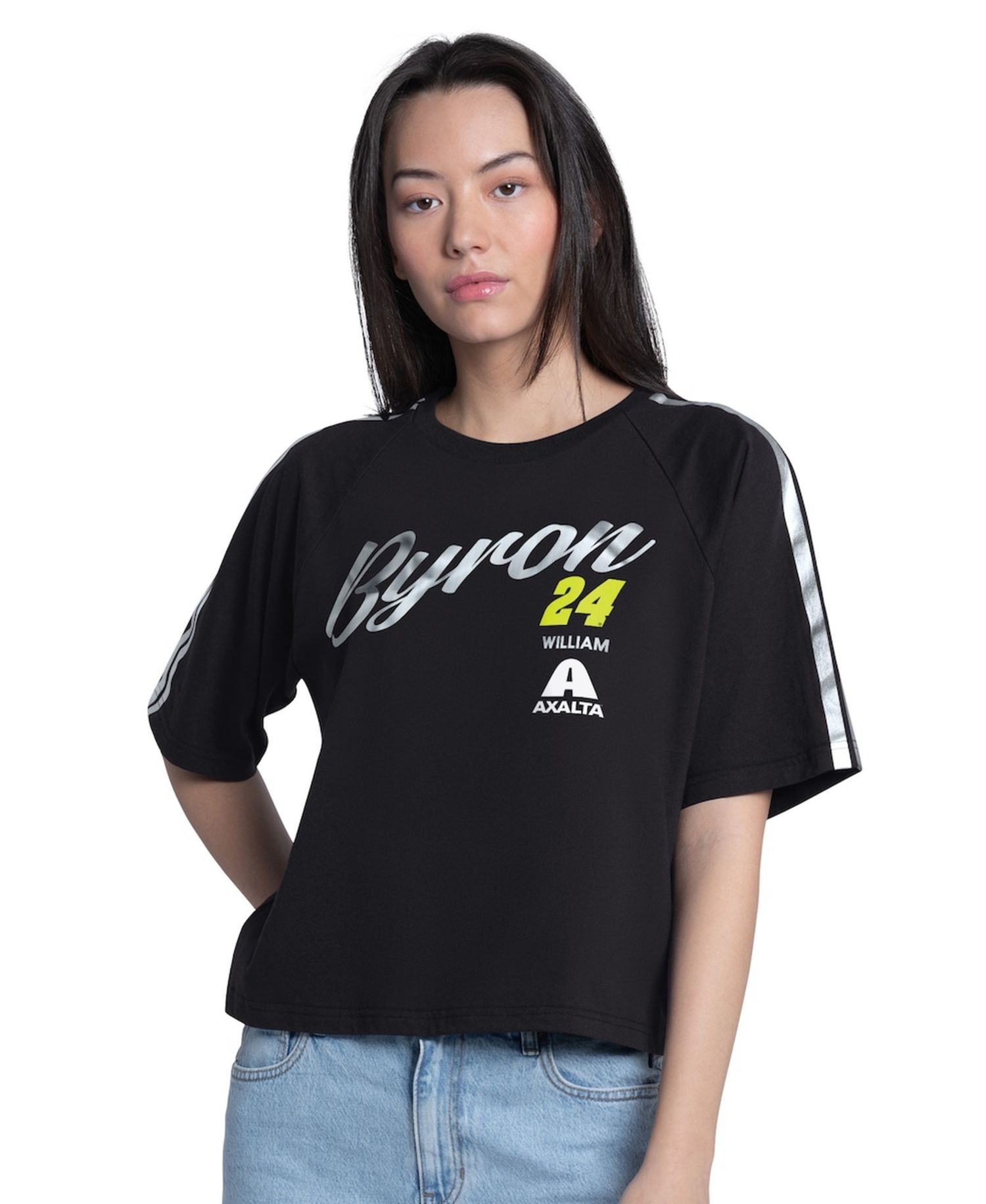 Women's Black William Byron Raglan Cropped Classic Play Silver Trim T-Shirt