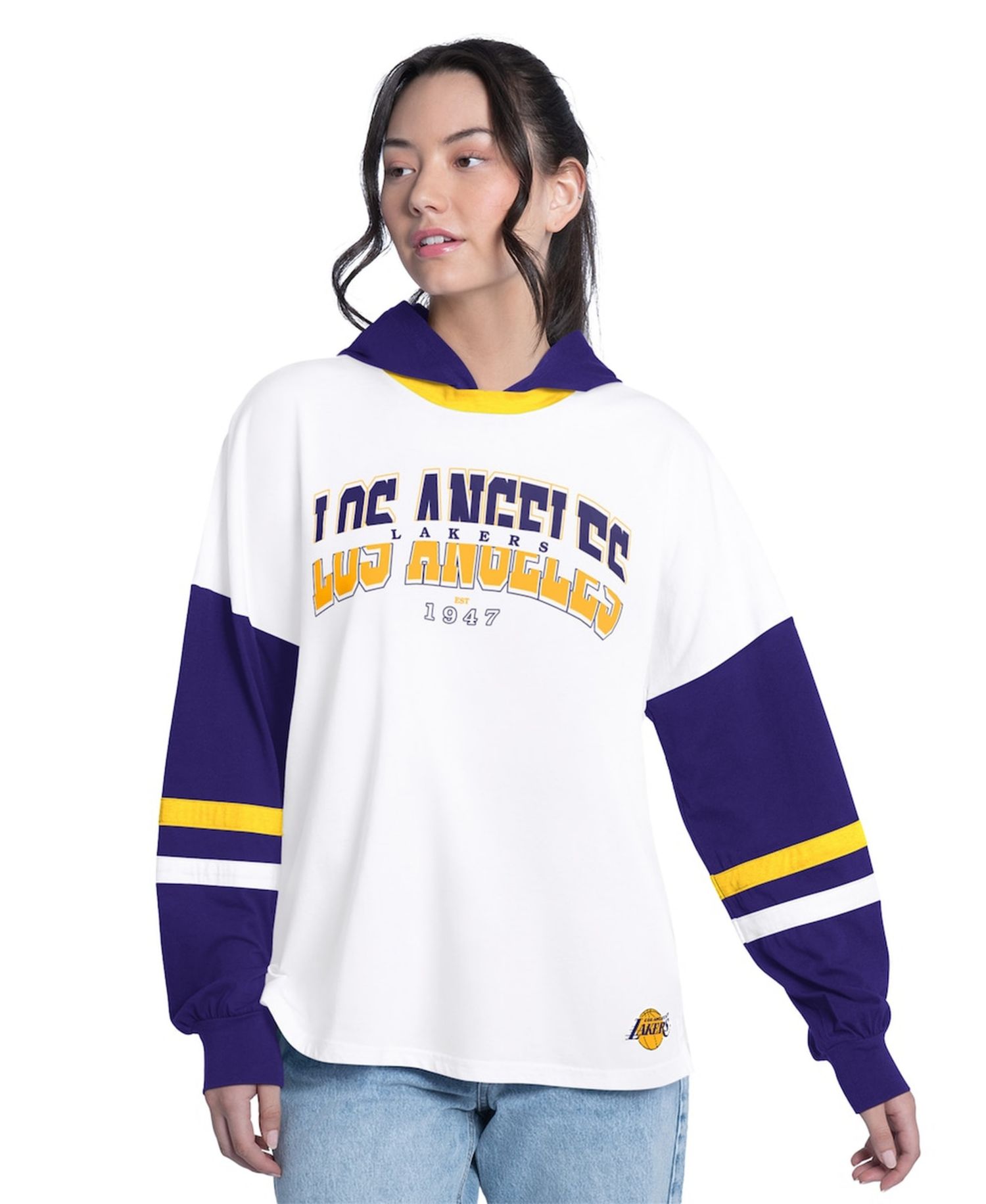 Women's White/Purple Los Angeles Lakers Key Player Oversized Hooded Long Sleeve T-Shirt