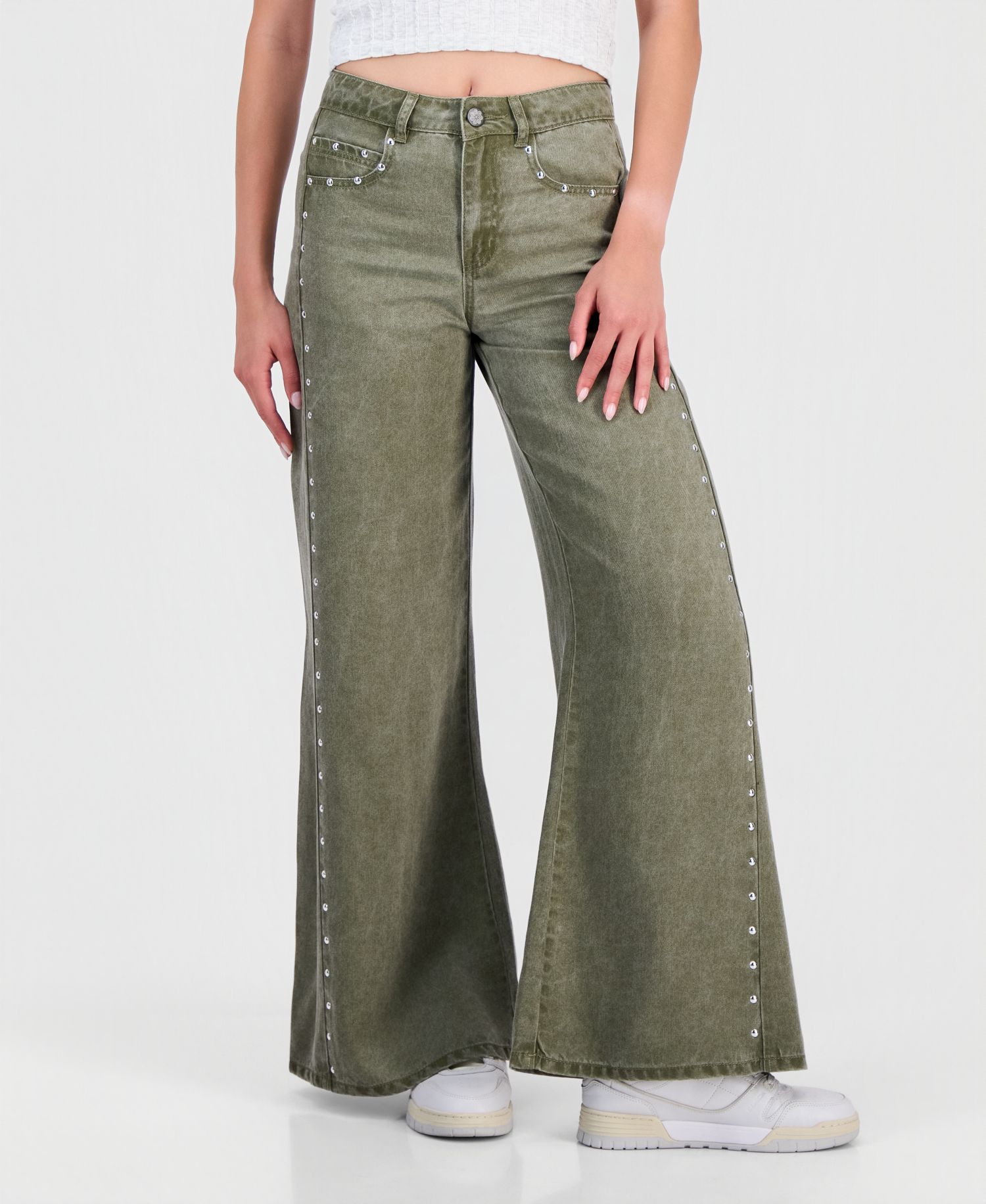 Juniors' High-Waisted Wide-Leg Studded Jeans