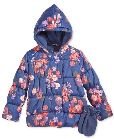 S. Rothschild 2-Pc. Floral-Print Puffer Jacket & Mittens Set, Toddler Girls (2-6X) & Little Girls (2-7)