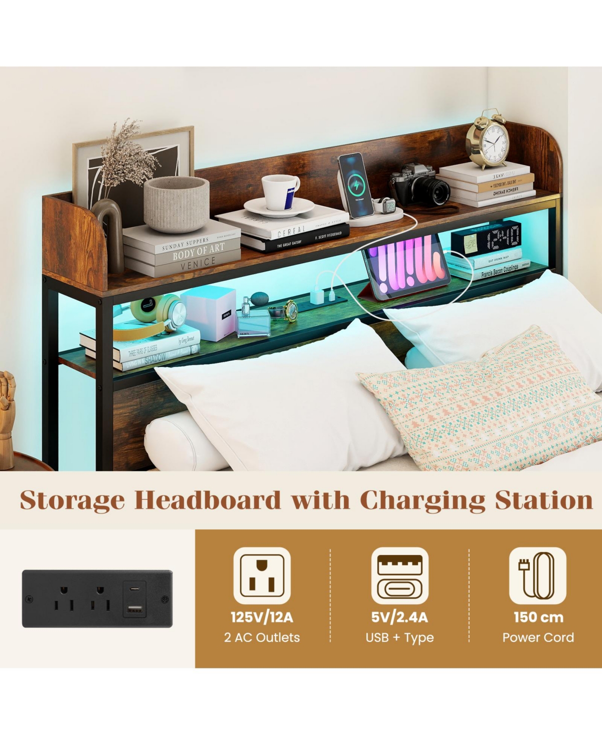 Slickblue Storage Headboard Bed Frame with Led Lighting and Usb Power Ports