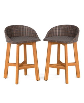 Set of 2 Acacia Wood Rattan Bar Stools with Backrest and Footrest